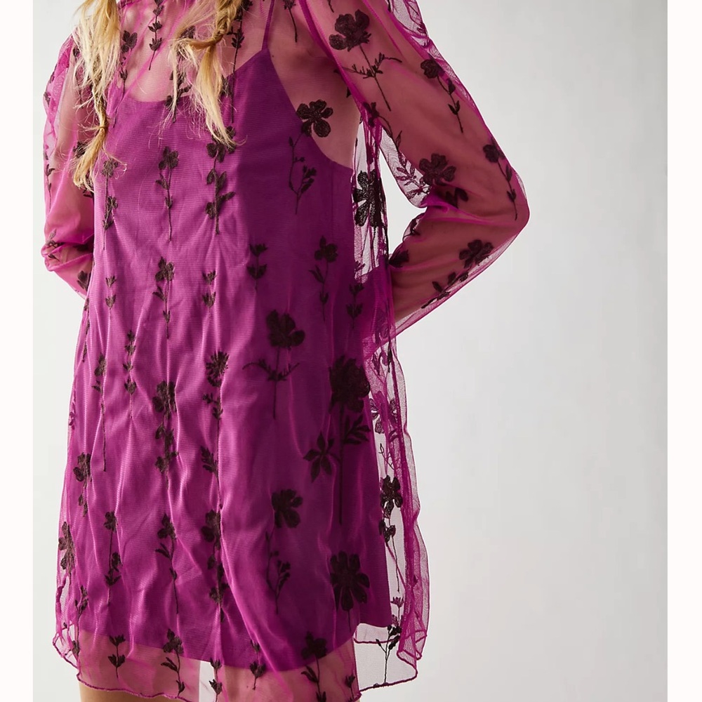 Free People Purple Mesh Dress with Black Floral Detail